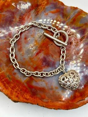 Sterling Silver Heart Charm Bracelet with Toggle Clasp - 7.25 inches